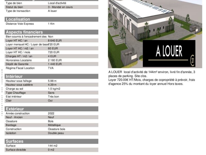 Local d’activités à louer